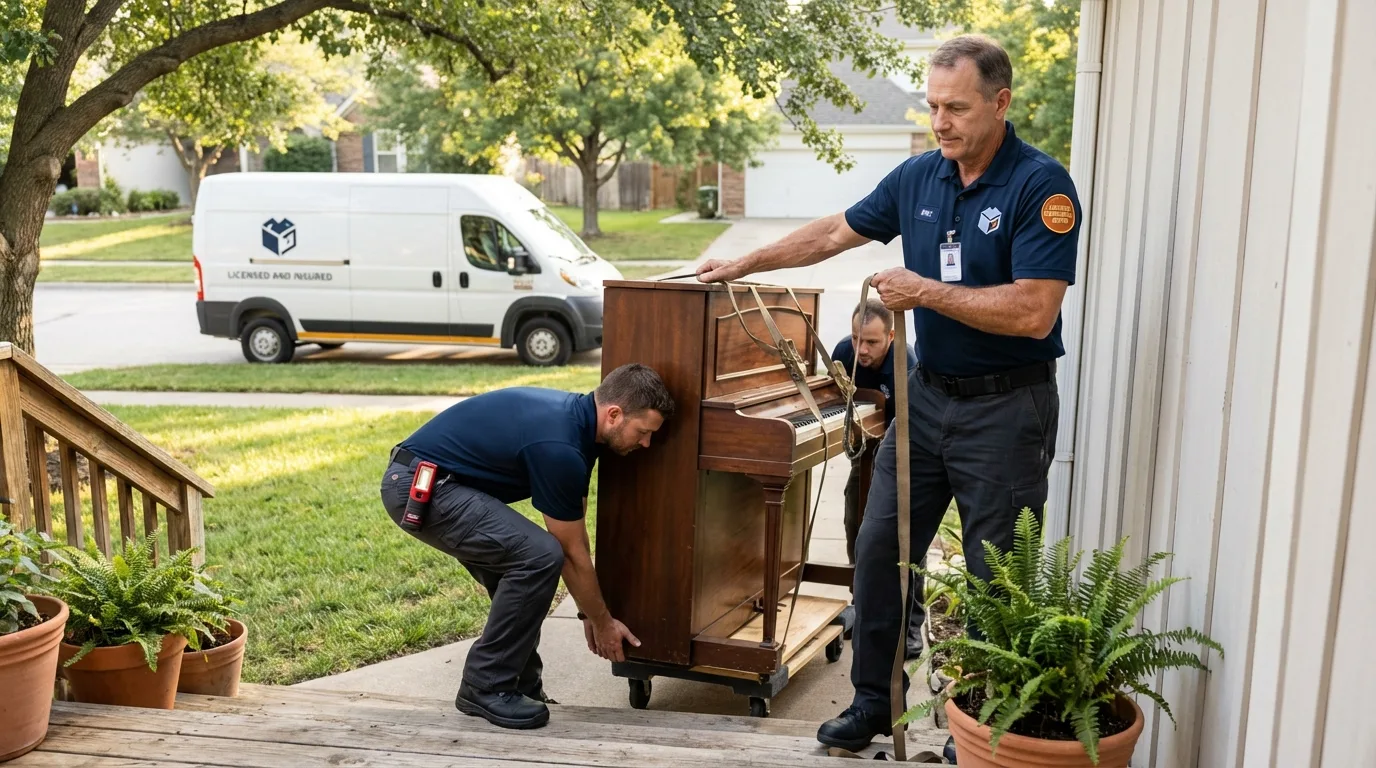 Licensed piano movers securing grand piano in Gurnee, IL